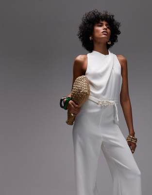 Mango High Neck Draped Jumpsuit With Gold Belt In White
