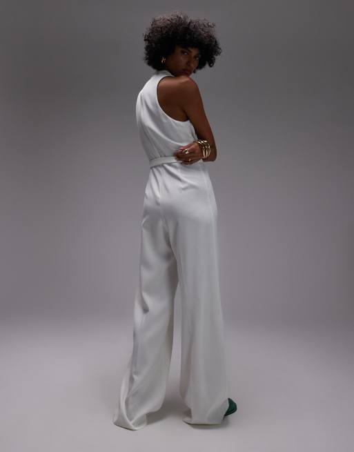 Mango high neck draped jumpsuit with gold belt in off white