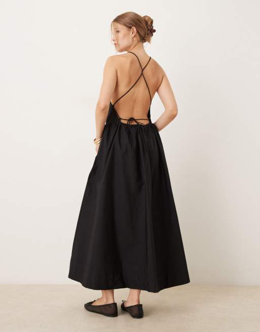 Mango high neck dropped waist premium cotton midi dress in black , 3 of 4