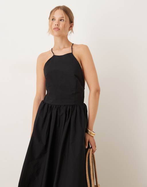 Mango high neck dropped waist premium cotton midi dress in black | ASOS