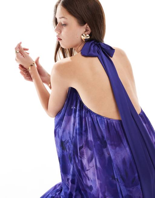 Mango high neck floral print pleated maxi dress in purple | ASOS