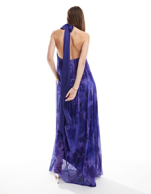 Mango high neck floral print pleated maxi dress in purple | ASOS