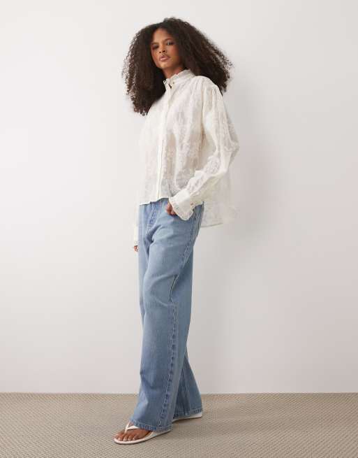 Mango high neck frill detail embroidered blouse in cream, 2 of 4