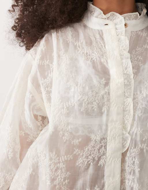 Mango high neck frill detail embroidered blouse in cream, 3 of 4