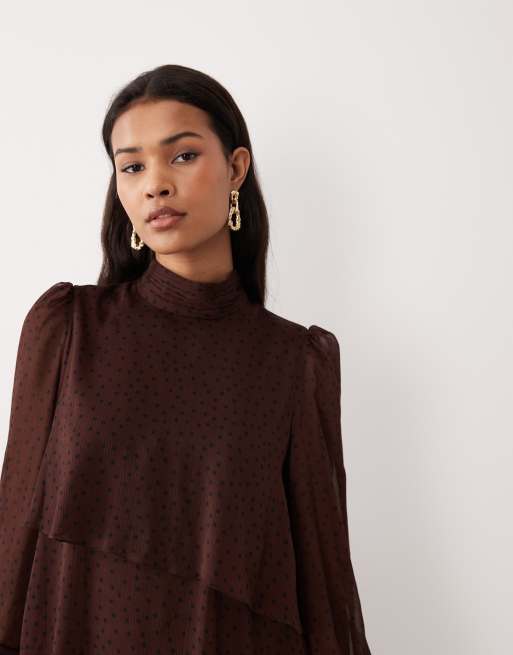 Mango high neck frill detail mini dress in brown polka dot, 2 of 4
