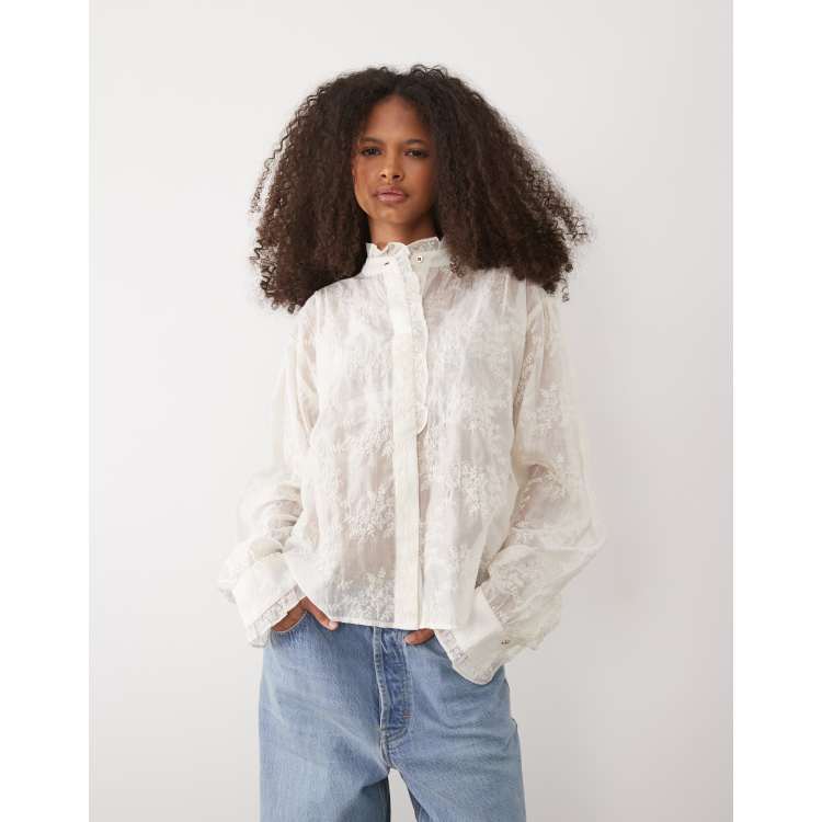 Mango high neck frill detailing embroidered blouse in cream | ASOS