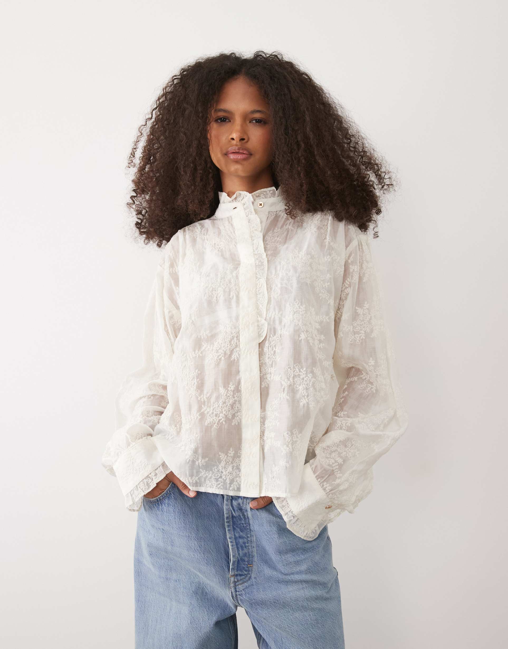 mango high neck frill detailing embroidered blouse in cream