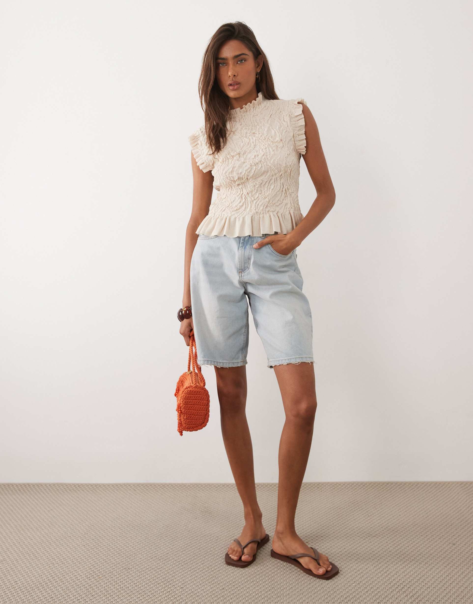 mango high neck frill sleeveless top in beige