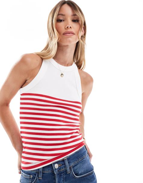 Mango high neck half stripe vest in white and red - view 1