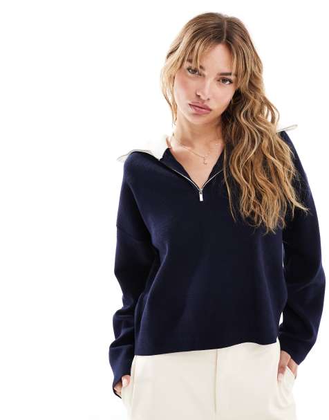 Mango high neck half zip jumper in navy - view 1