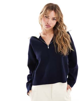 Shop Mango High Neck Half Zip Sweater In Navy