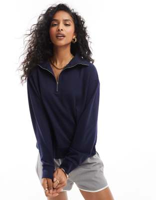 Mango High Neck Half Zip Sweatshirt In Navy