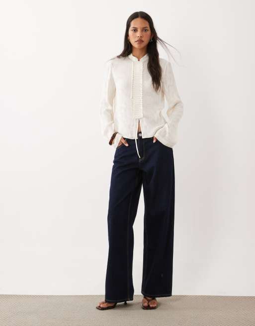 Mango high neck jacquard long sleeve blouse with button detailing in off white  , 2 of 4