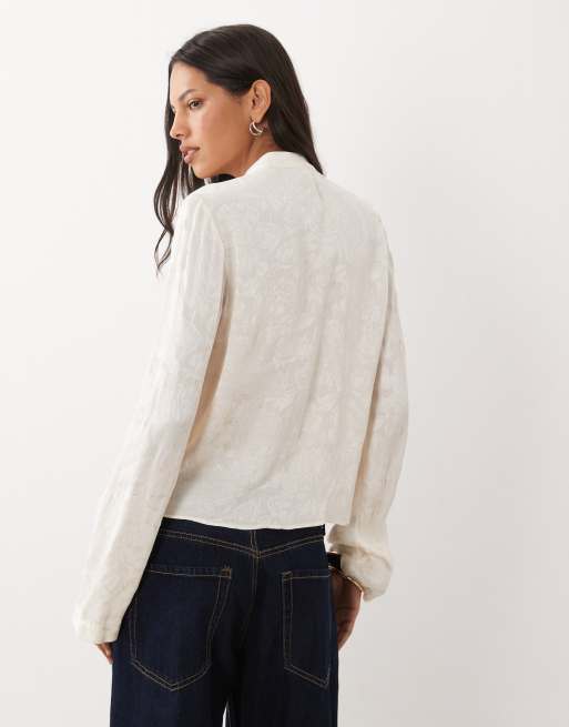 Mango high neck jacquard long sleeve blouse with button detailing in off white  , 3 of 4