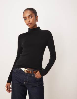 Mango High Neck Knit Long Sleeve Top In Black