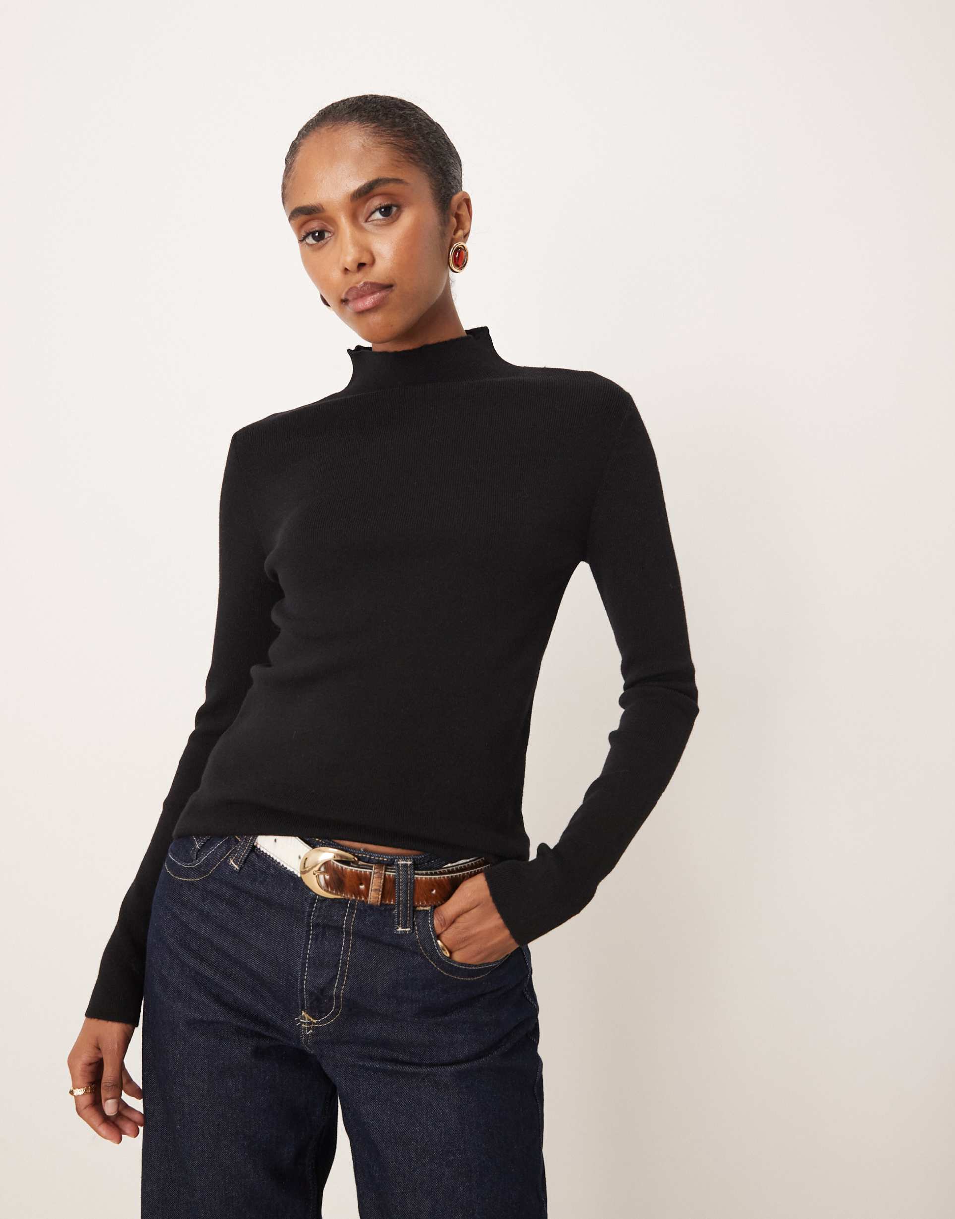 mango high neck knit long sleeve top in black