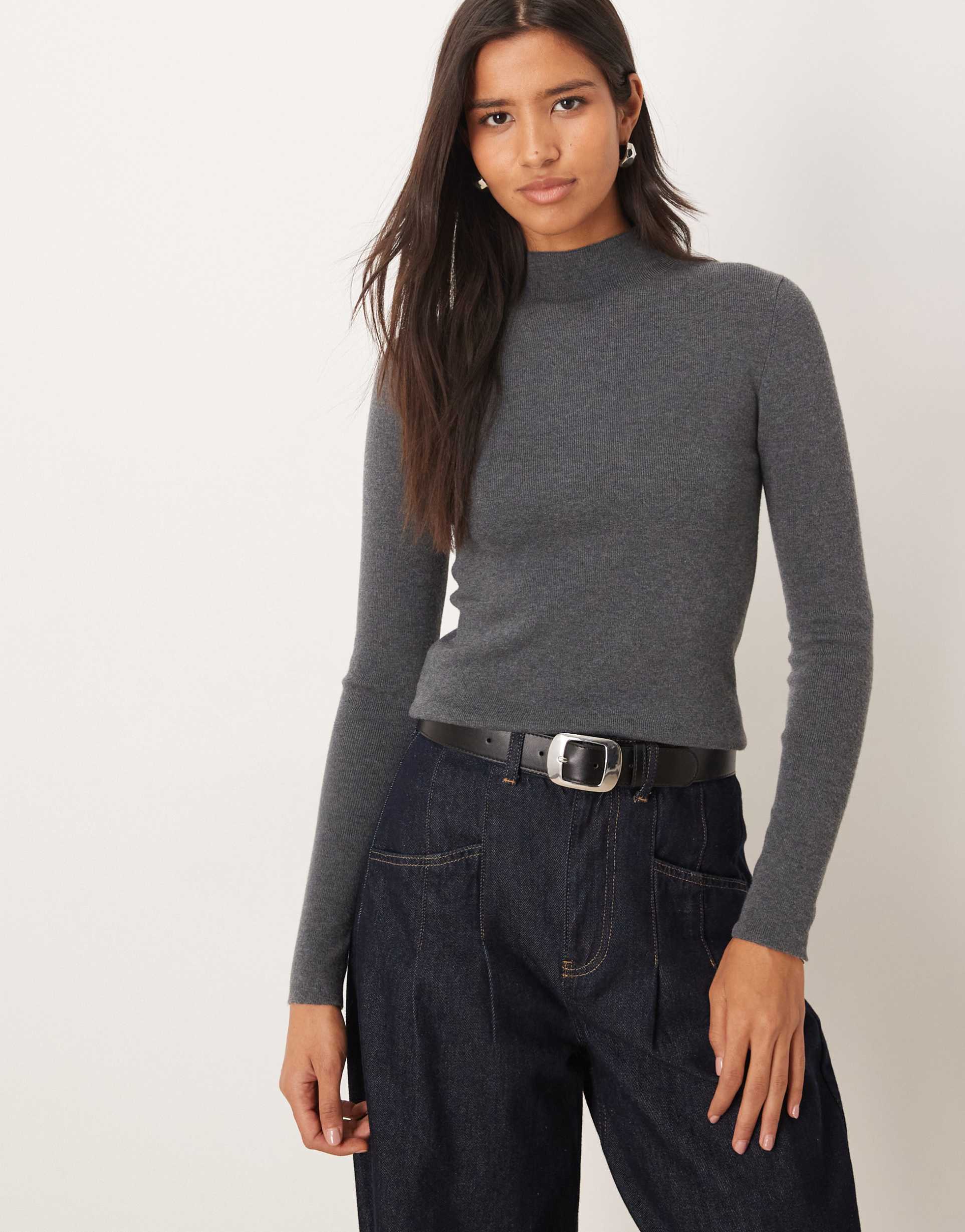 mango high neck knit long sleeve top in charcoal