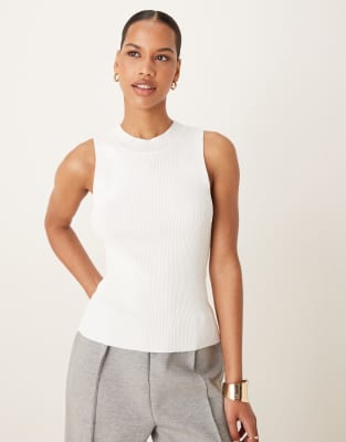 Mango High Neck Knit Sleeveless Top In White