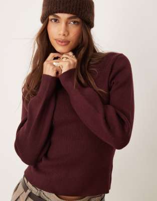 high neck knit sweater in burgundy-Red