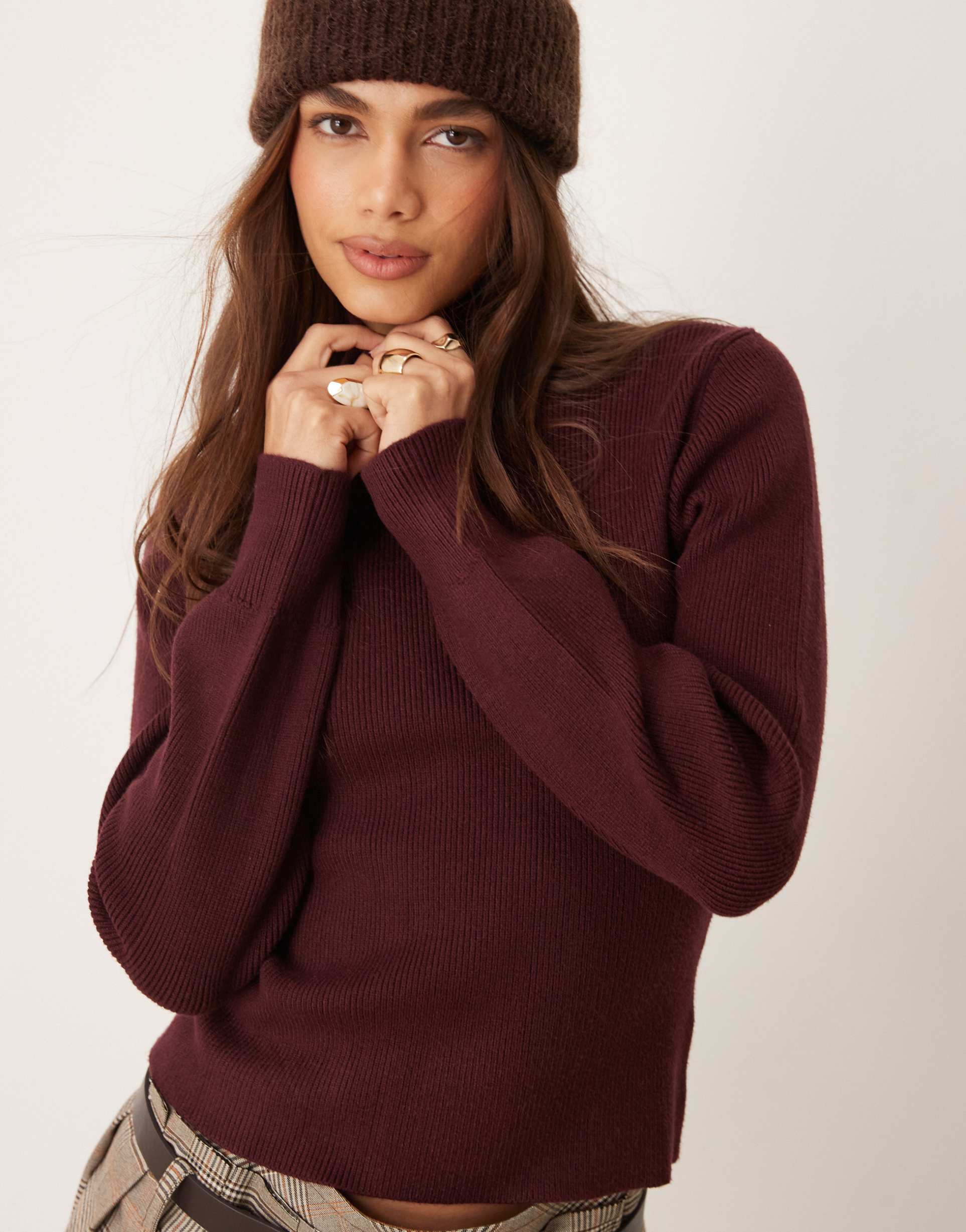 mango high neck knit sweater in burgundy