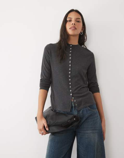 Mango high neck knitted cardigan in grey - view 1