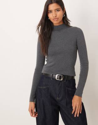 Mango High Neck Knitted Long Sleeve Top In Gray