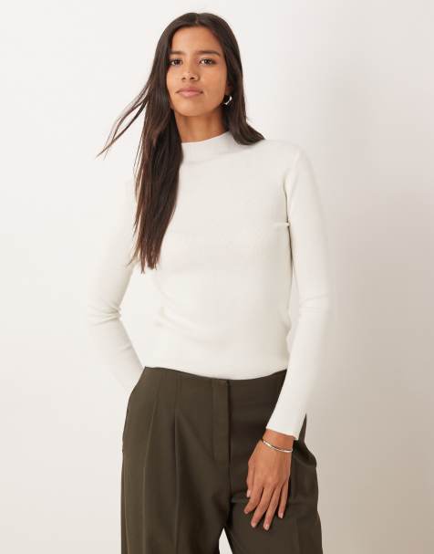 Mango high neck knitted long sleeve top in cream