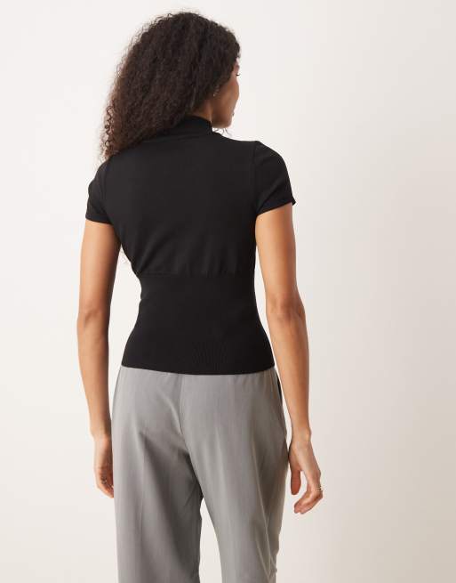 Mango high neck knitted short sleeve top with cut out detail in black, 3 of 4