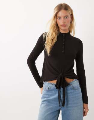 Mango High Neck Knitted Top With Tie Waist In Blue