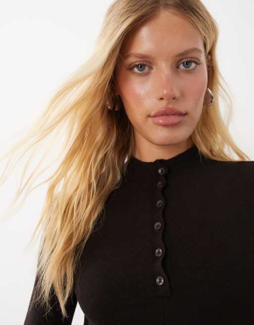 Mango high neck knitted top with tie waist in dark chocolate, 3 of 4