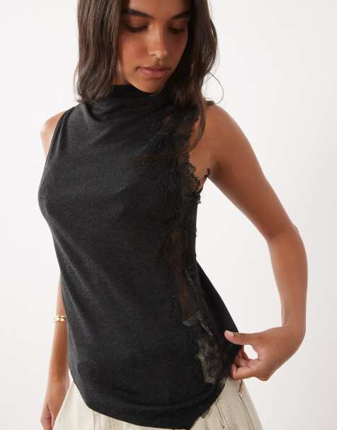 Mango high neck lace detail sleeveless top in charcoal - view 1