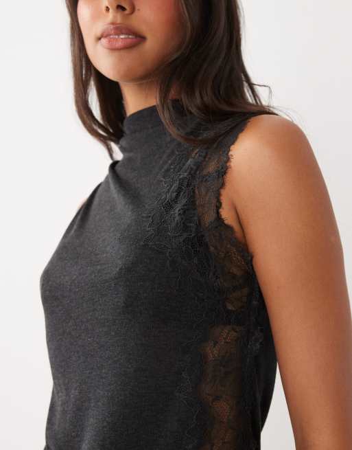 Mango high neck lace detail sleeveless top in charcoal, 3 of 4