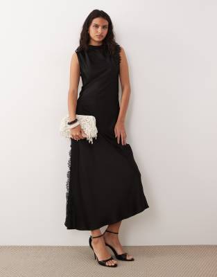 Mango High Neck Lace Detailing Sleeveless Maxi Dress In Black