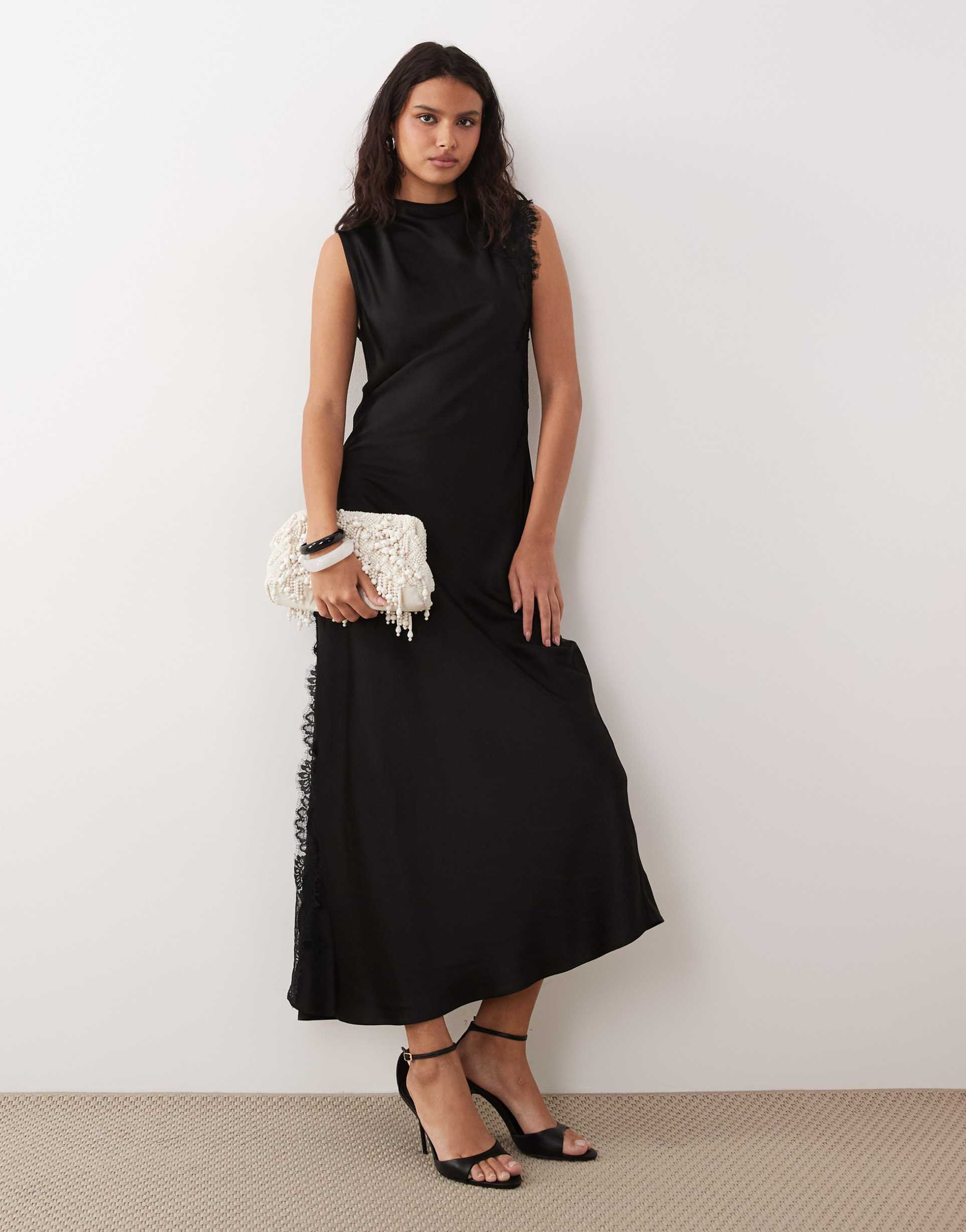 mango high neck lace detailing sleeveless maxi dress in black
