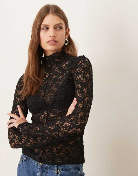 Mango high neck lace top in black - view 1