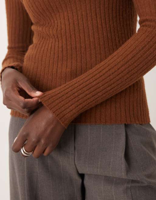 Mango high neck light knit jumper in caramel, 2 of 4