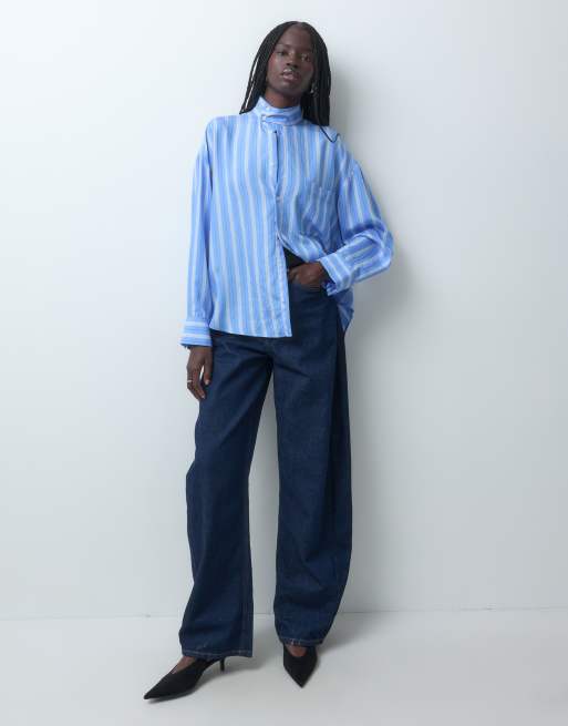 Mango high neck long sleeve blouse in blue stripe print , 3 of 5