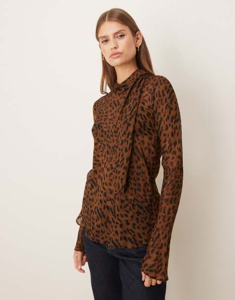 Mango high neck long sleeve blouse in leopard print - view 1