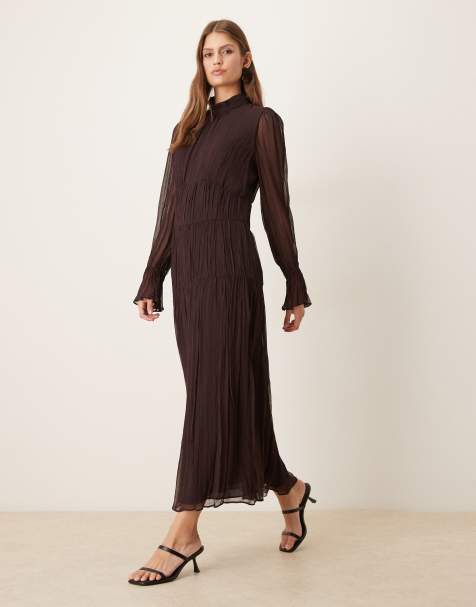 Mango high neck long sleeve chiffon tiered maxi dress in chocolate brown - view 1