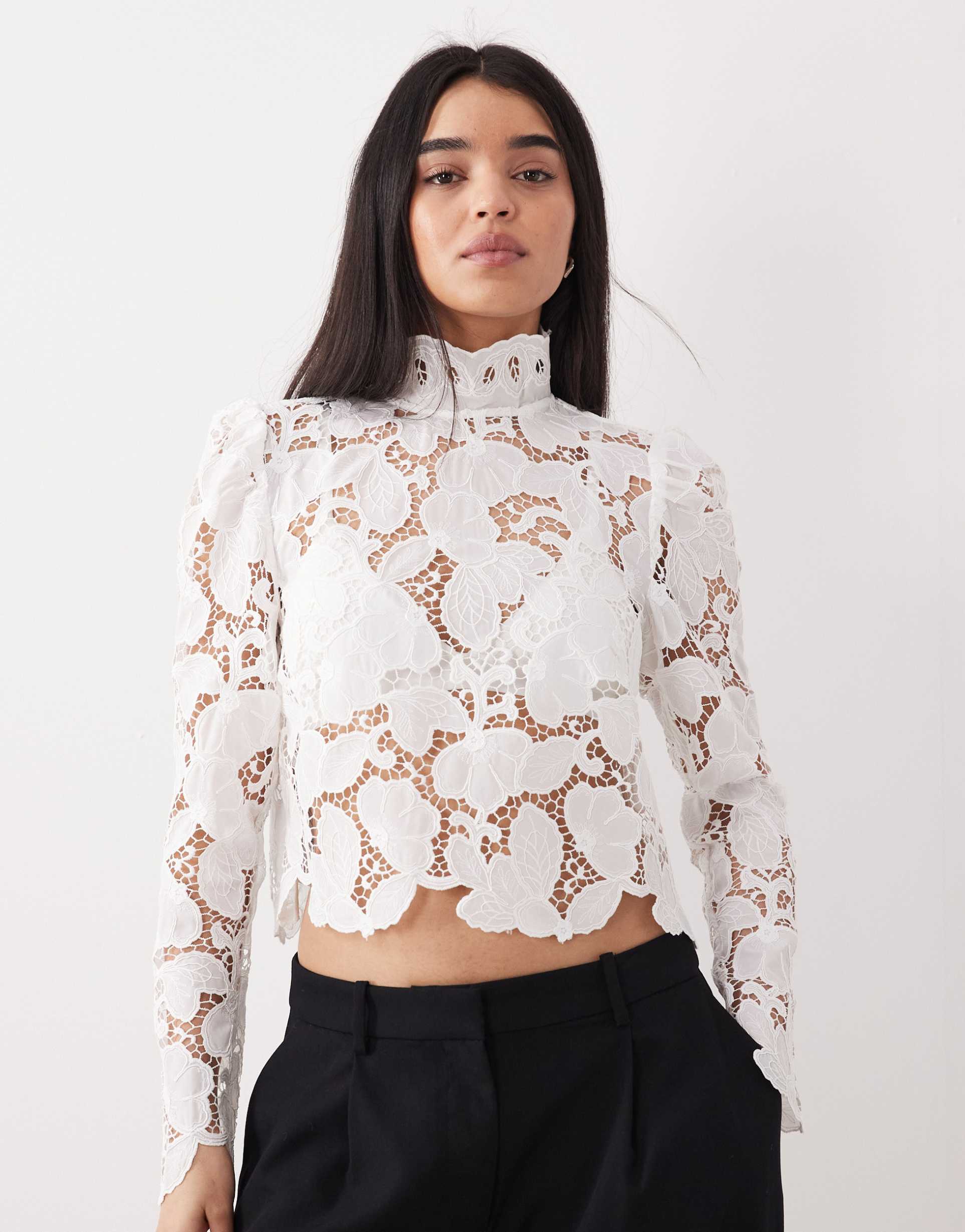 mango high neck long sleeve delicate lace blouse in white