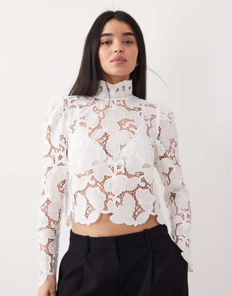 Mango high neck long sleeve delicate lace blouse in white
