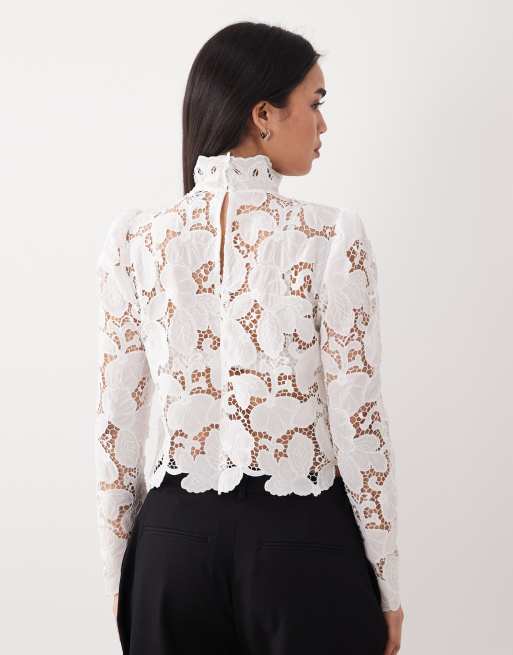 Mango high neck long sleeve delicate lace blouse in white, 4 of 4