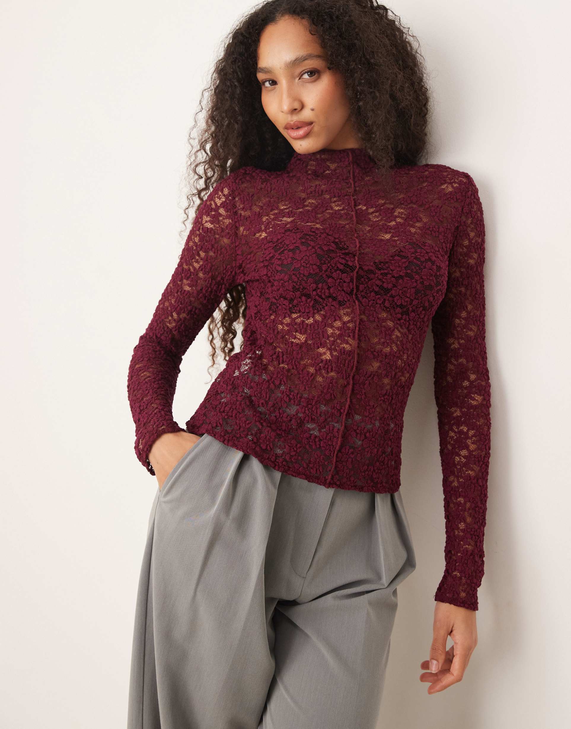 mango high neck long sleeve lace top in burgundy