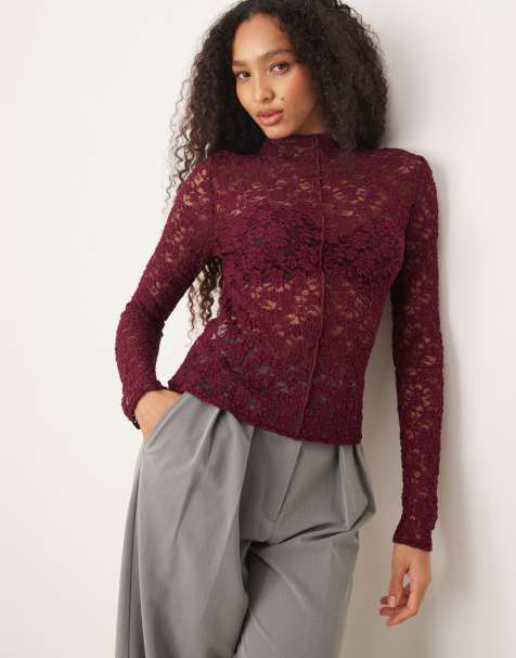 Mango high neck long sleeve lace top in burgundy