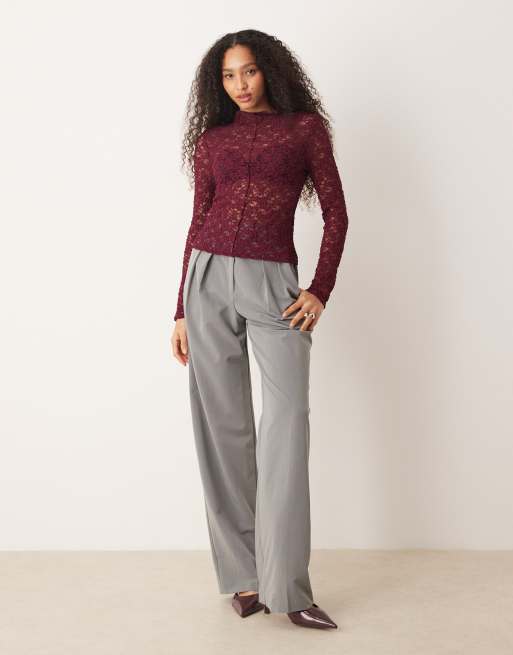 Mango high neck long sleeve lace top in burgundy, 2 of 4