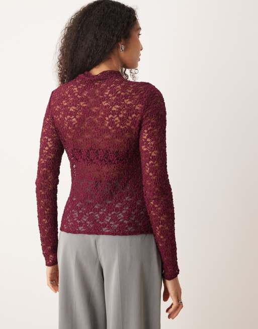 Mango high neck long sleeve lace top in burgundy, 4 of 4