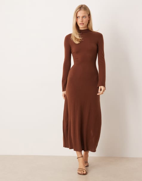 Mango high neck long sleeve maxi dress in caramel