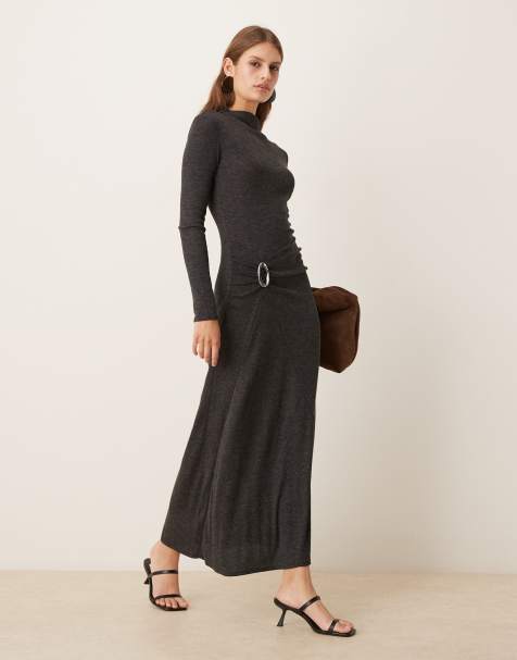 Mango high neck long sleeve maxi dress with buckle detail in charcoal