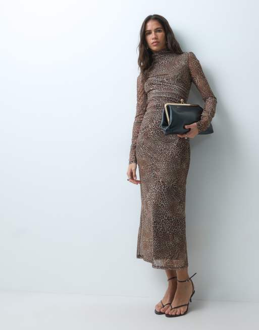 Mango high neck long sleeve mesh maxi dress in leopard print , 2 of 5