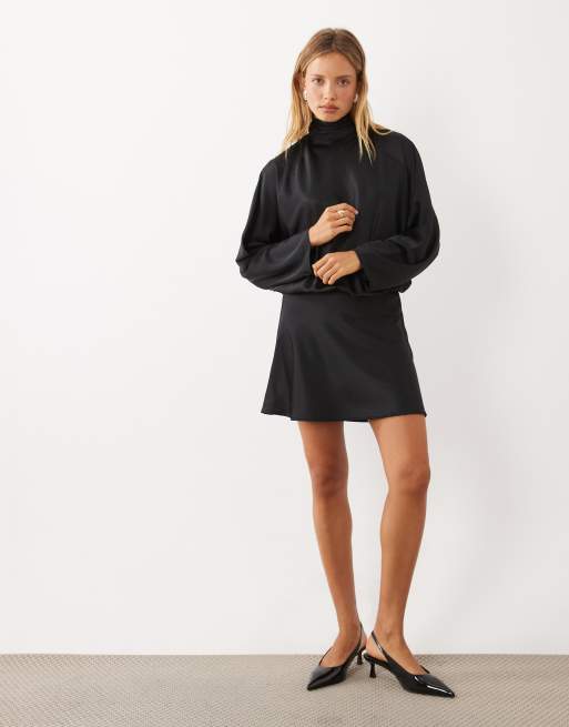 Mango high neck long sleeve mini dress in black, 2 of 4